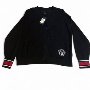 Tommy Hilfiger black cable net cardigan ❤️🖤🤍 varsity striped cuffs | 🛍️
